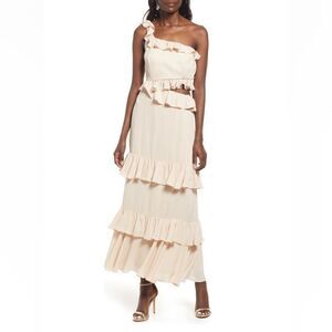 NWT WAYF The Giana one Shoulder Tierra Ruffle Gown Champagne Maxi dress Women XS